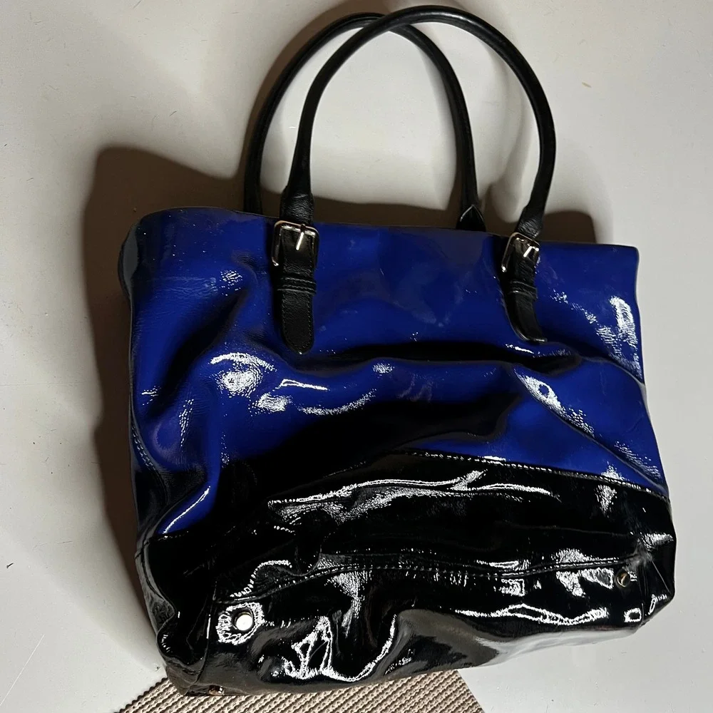 Kate Spade New York Blue Black Patent Leather Colorblock Tote Shoulder Bag